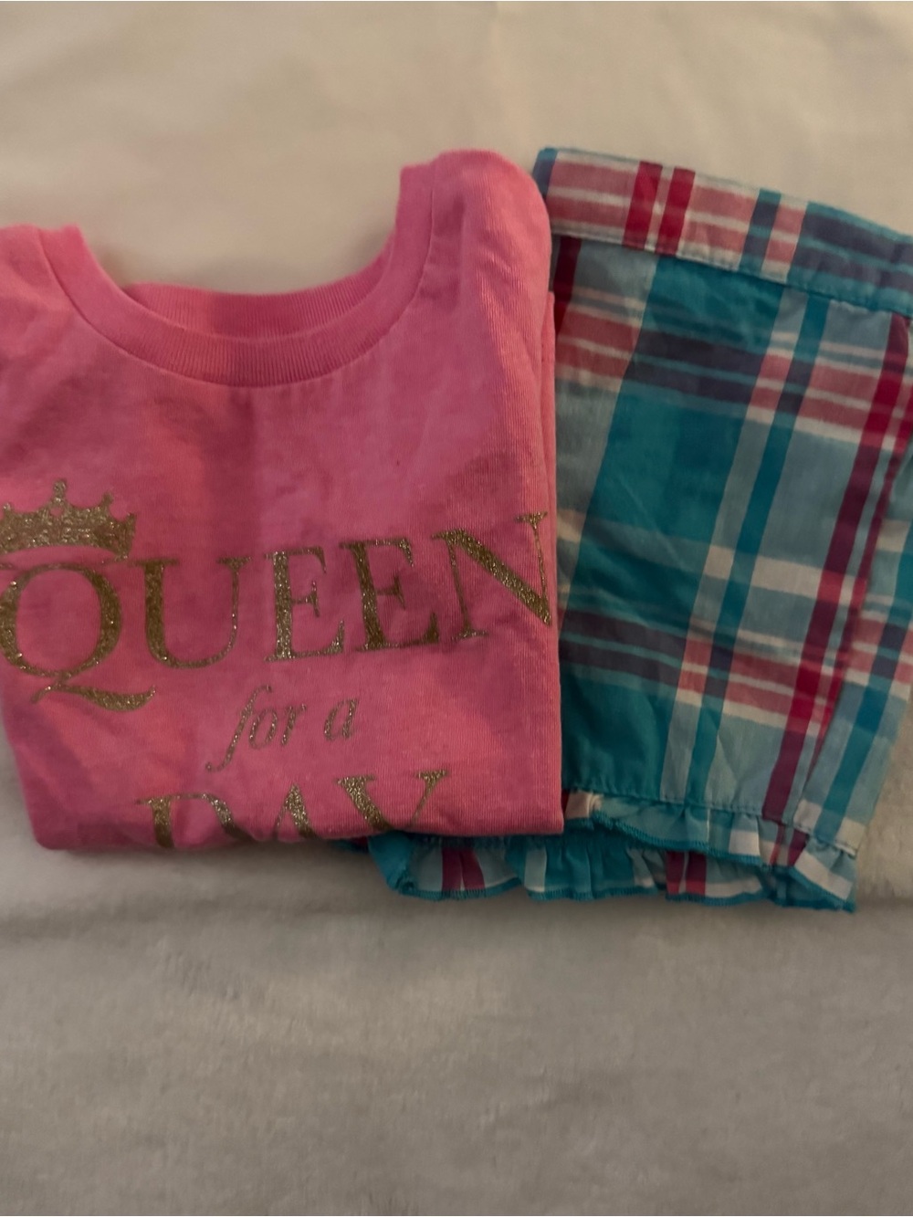 Girls Pink 'Queen for a Day' Top with Plaid Blue Shorts
